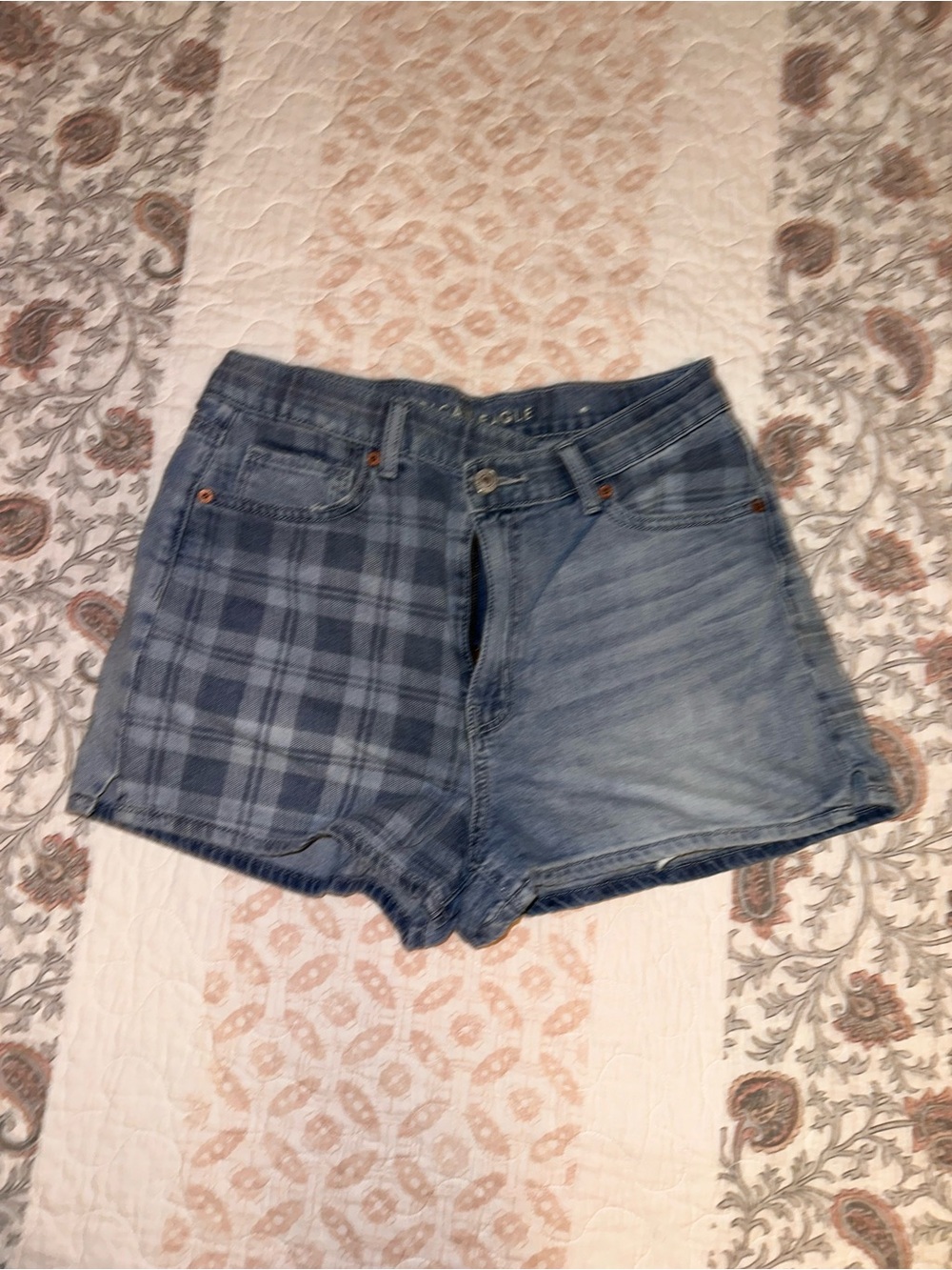 American Eagle High-Waisted Blue Denim Plaid Patch Shorts